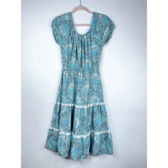 Vintage 70s Prairie Dress Paisley Blue White Tiered Floral Peasant Leo New York - Picture 6 of 11